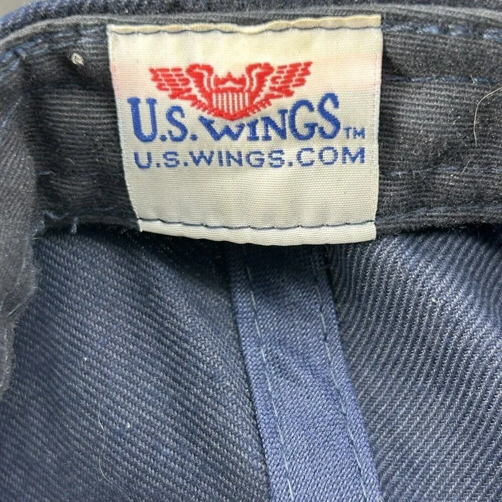 US Wings Pilot Shop Advertising Hat Cap Navy Blue Military Adjustable USA Flag
